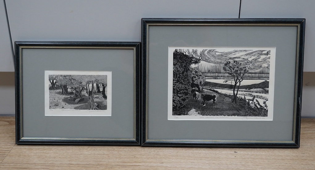 Two wood engravings including 'Will weather the weather', limited edition 11/100, each indistinctly signed and dated '89 and '85, largest 16 x 23cm. Condition - fair, some fading